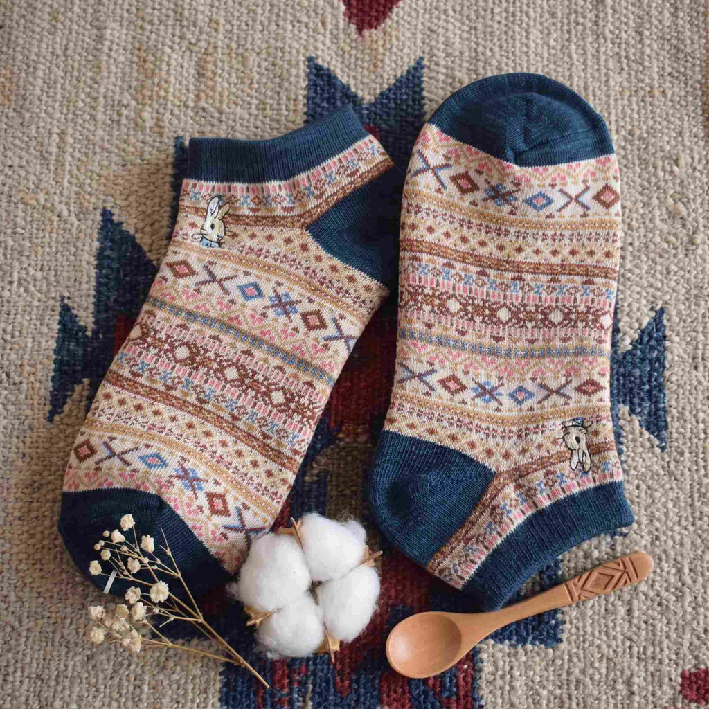 Bohemian Geometric Cotton Ankle Socks (Set of 3)