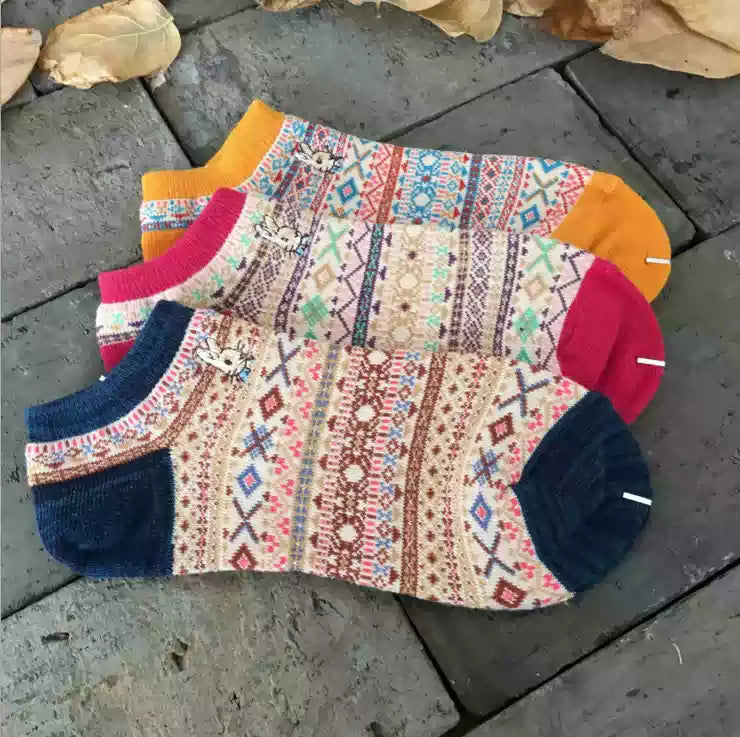 Bohemian Geometric Cotton Ankle Socks (Set of 3)