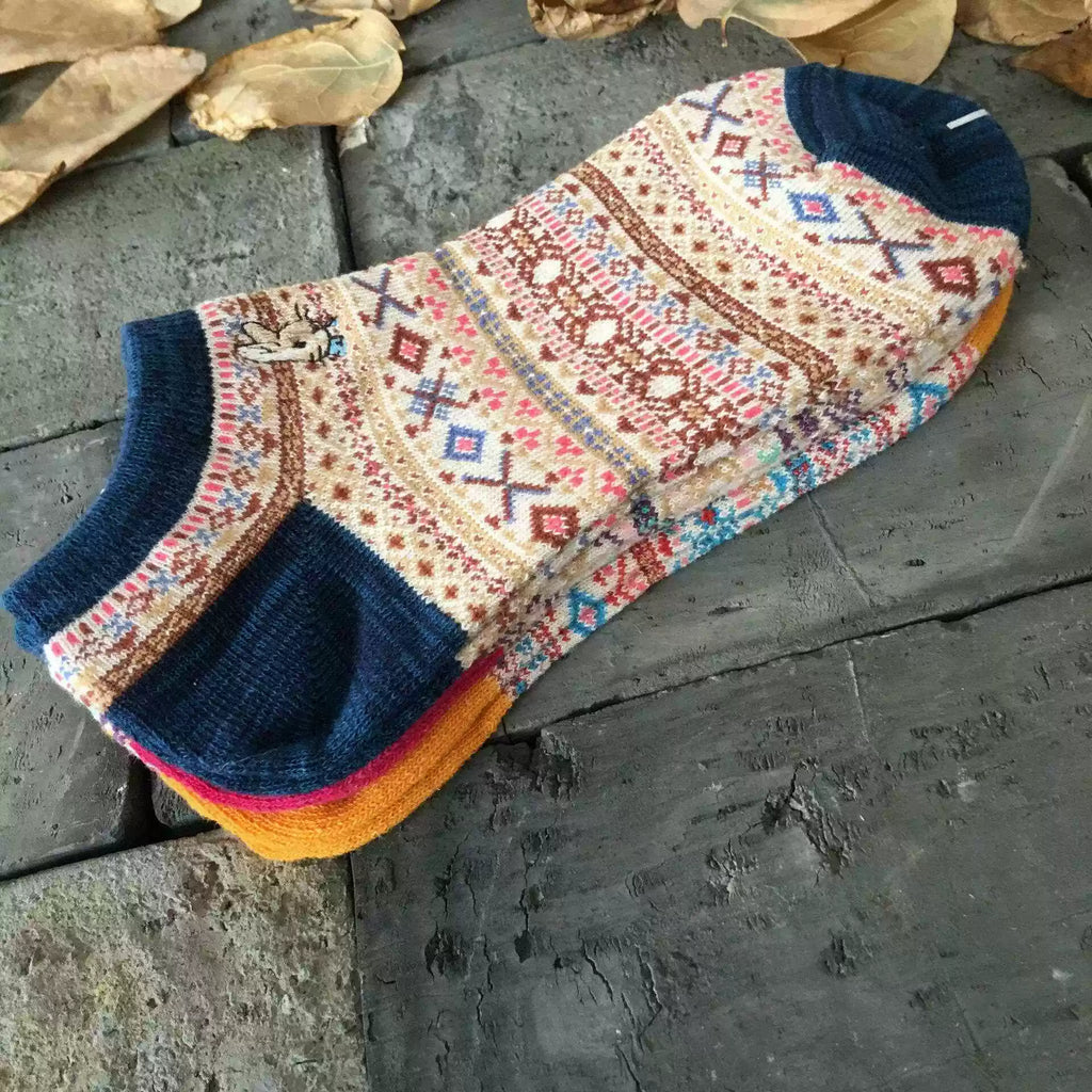 Bohemian Geometric Cotton Ankle Socks (Set of 3)
