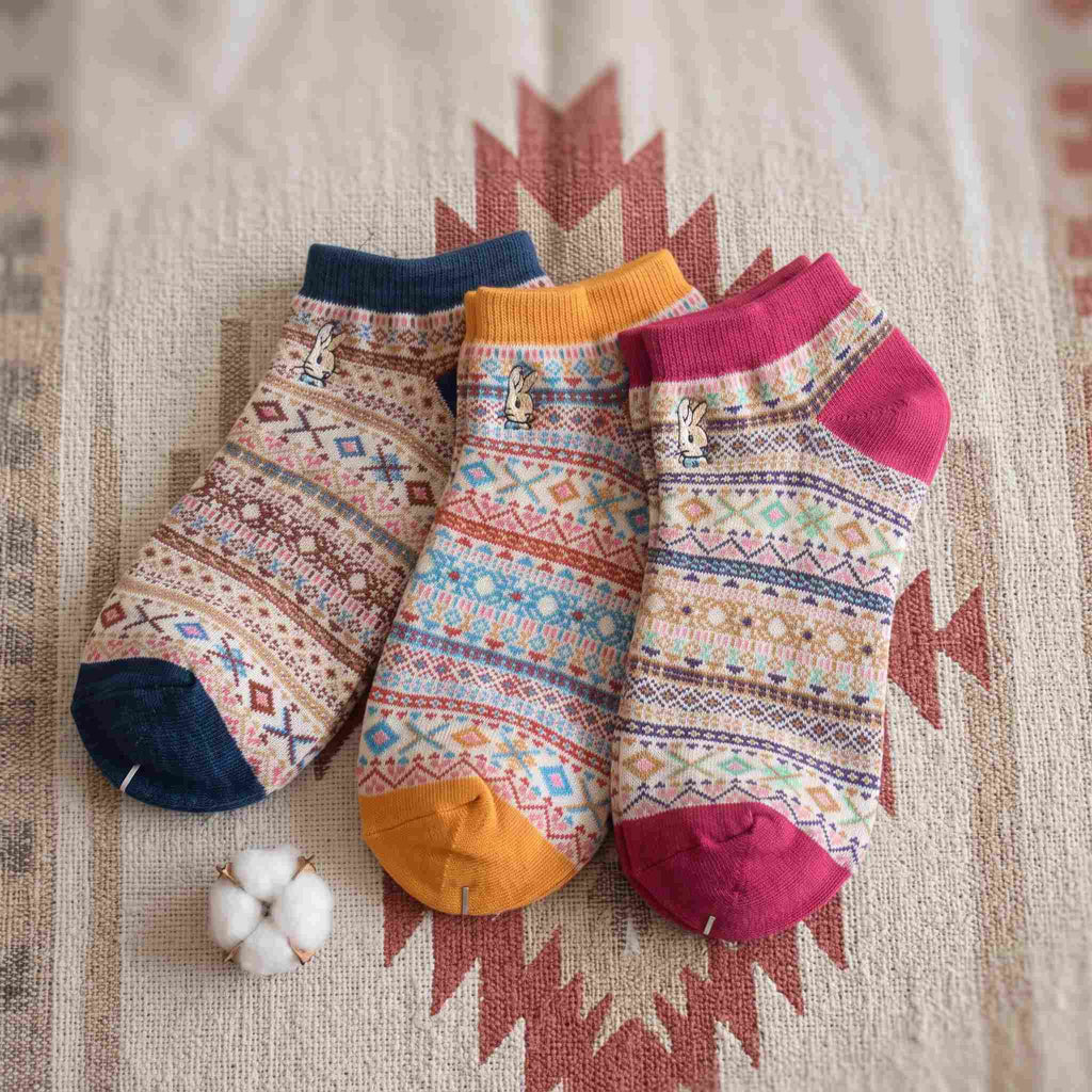Bohemian Geometric Cotton Ankle Socks (Set of 3)