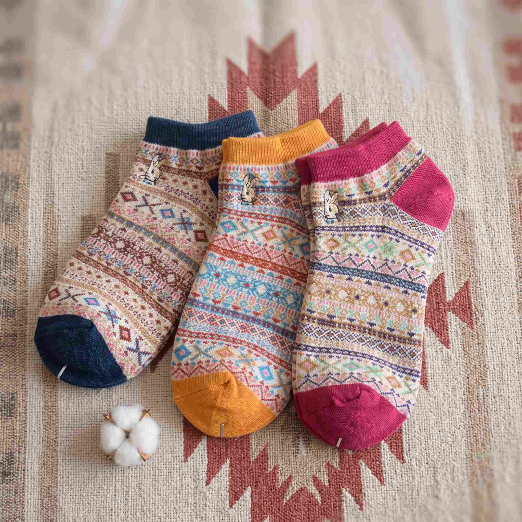 Bohemian Geometric Cotton Ankle Socks (Set of 3)