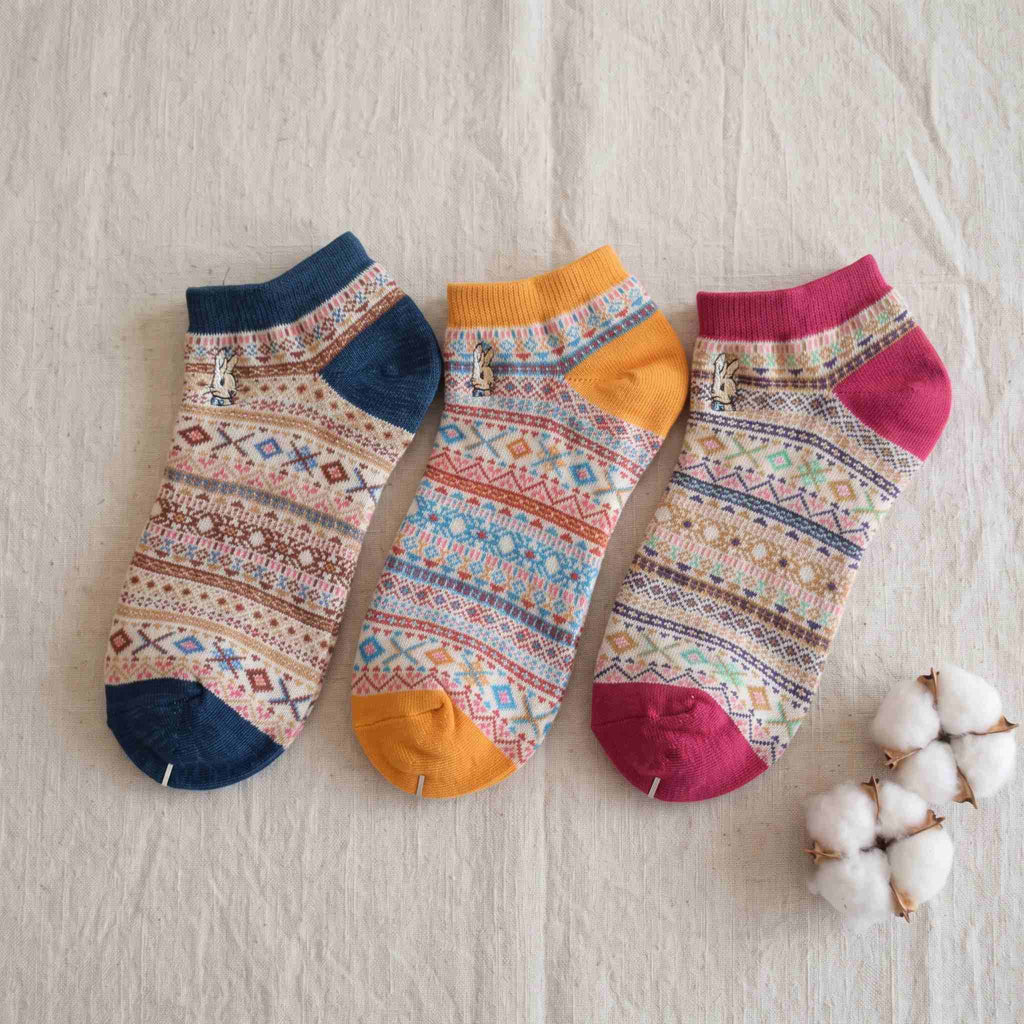 Bohemian Geometric Cotton Ankle Socks (Set of 3)
