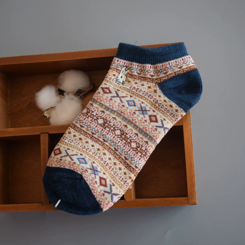 Bohemian Geometric Cotton Ankle Socks (Set of 3)