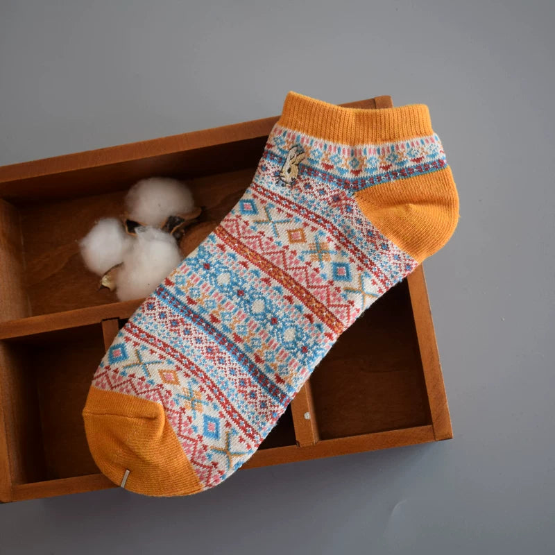 Bohemian Geometric Cotton Ankle Socks (Set of 3)