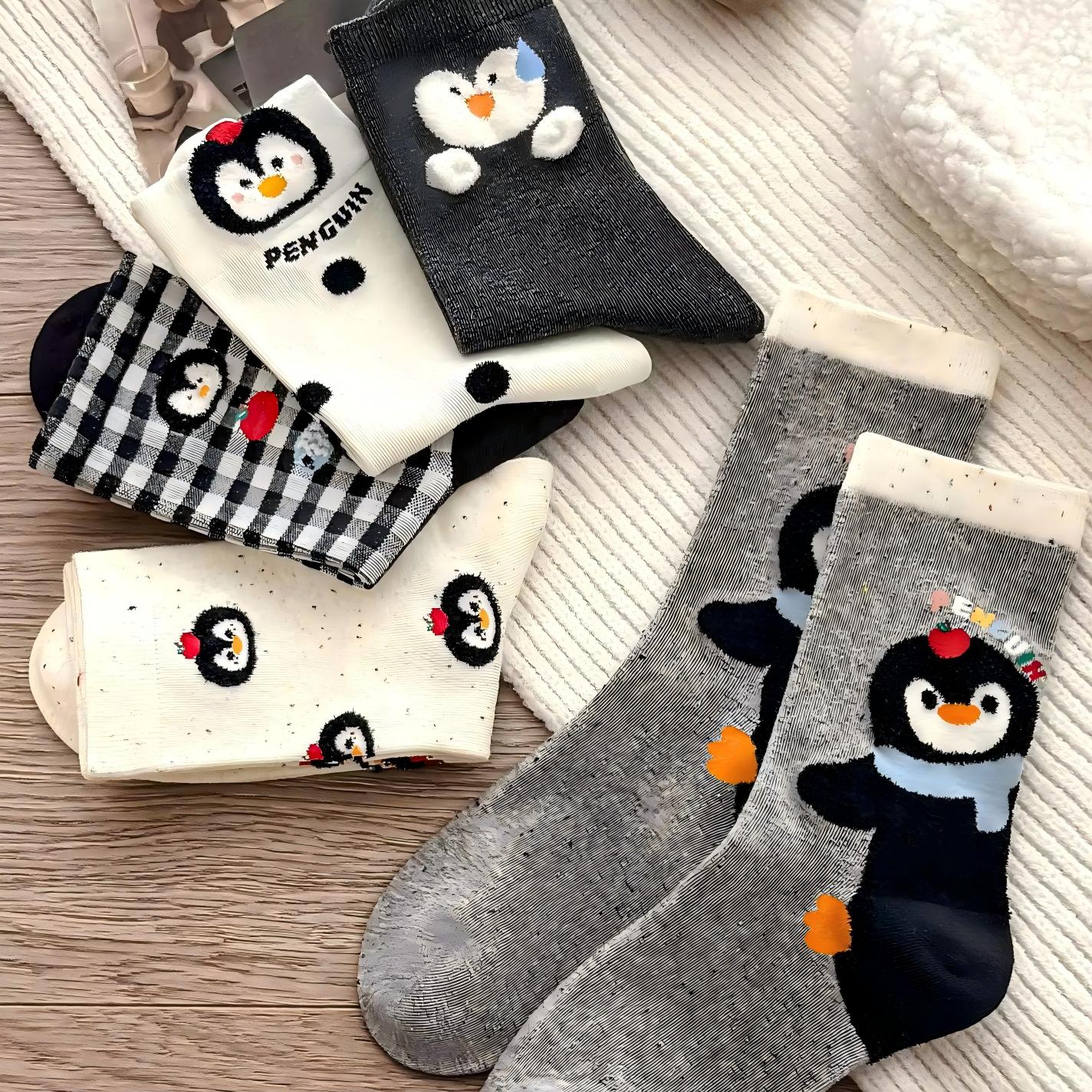 Kawaii Playful Penguin Cotton Crew Socks (Set of 5)