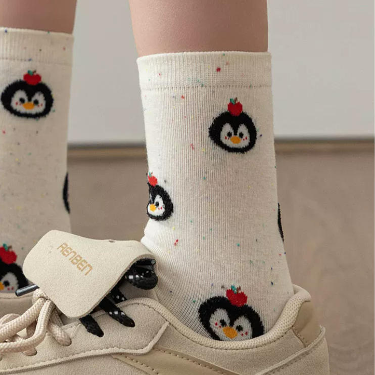 Kawaii Playful Penguin Cotton Crew Socks (Set of 5)