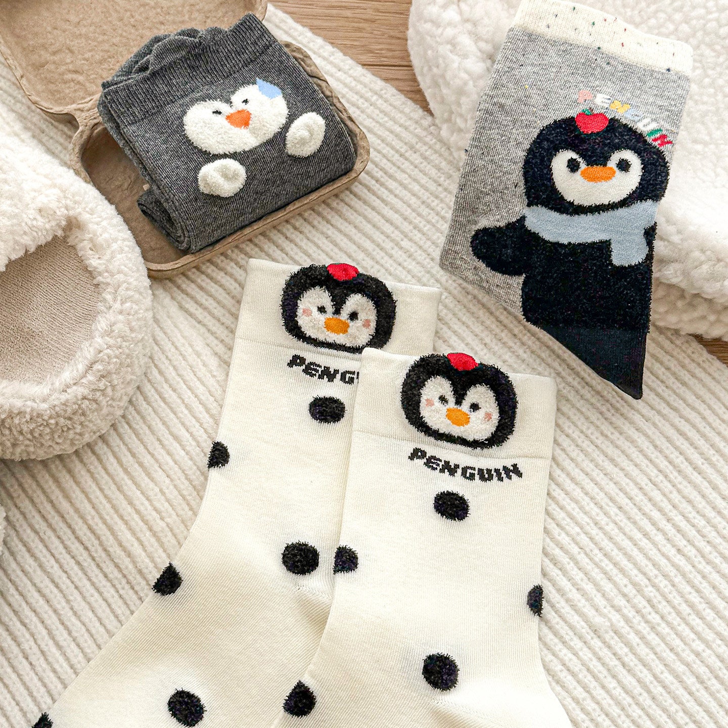 Kawaii Playful Penguin Cotton Crew Socks (Set of 5)