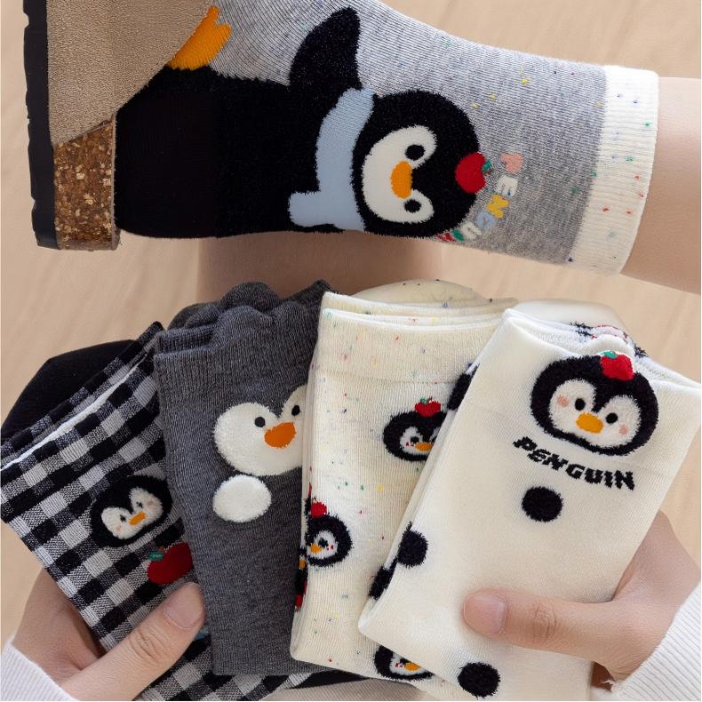 Kawaii Playful Penguin Cotton Crew Socks (Set of 5)