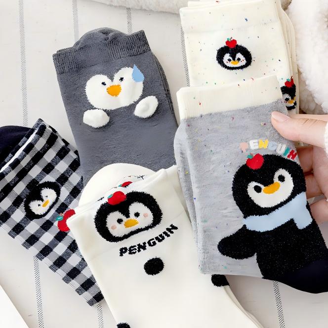 Kawaii Playful Penguin Cotton Crew Socks (Set of 5)