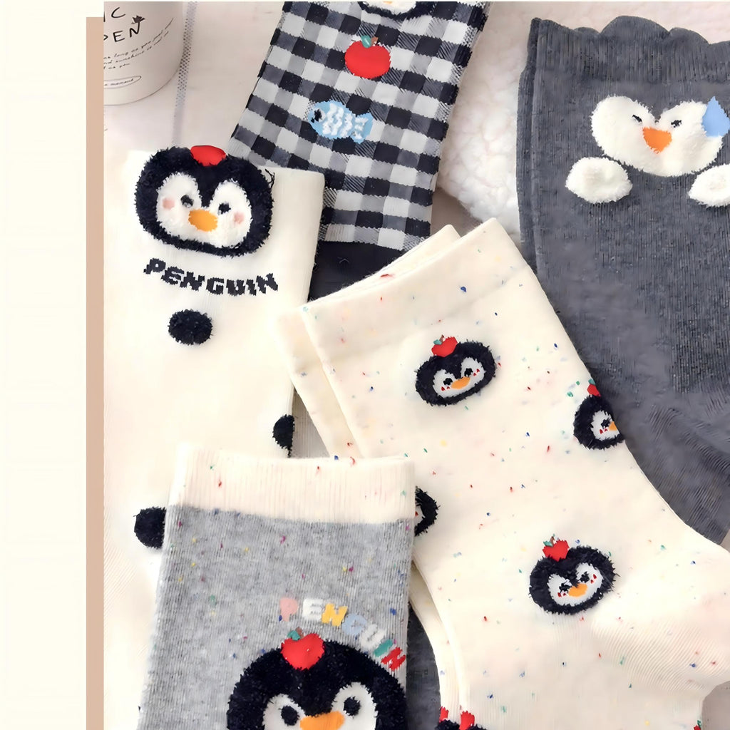 Kawaii Playful Penguin Cotton Crew Socks (Set of 5)