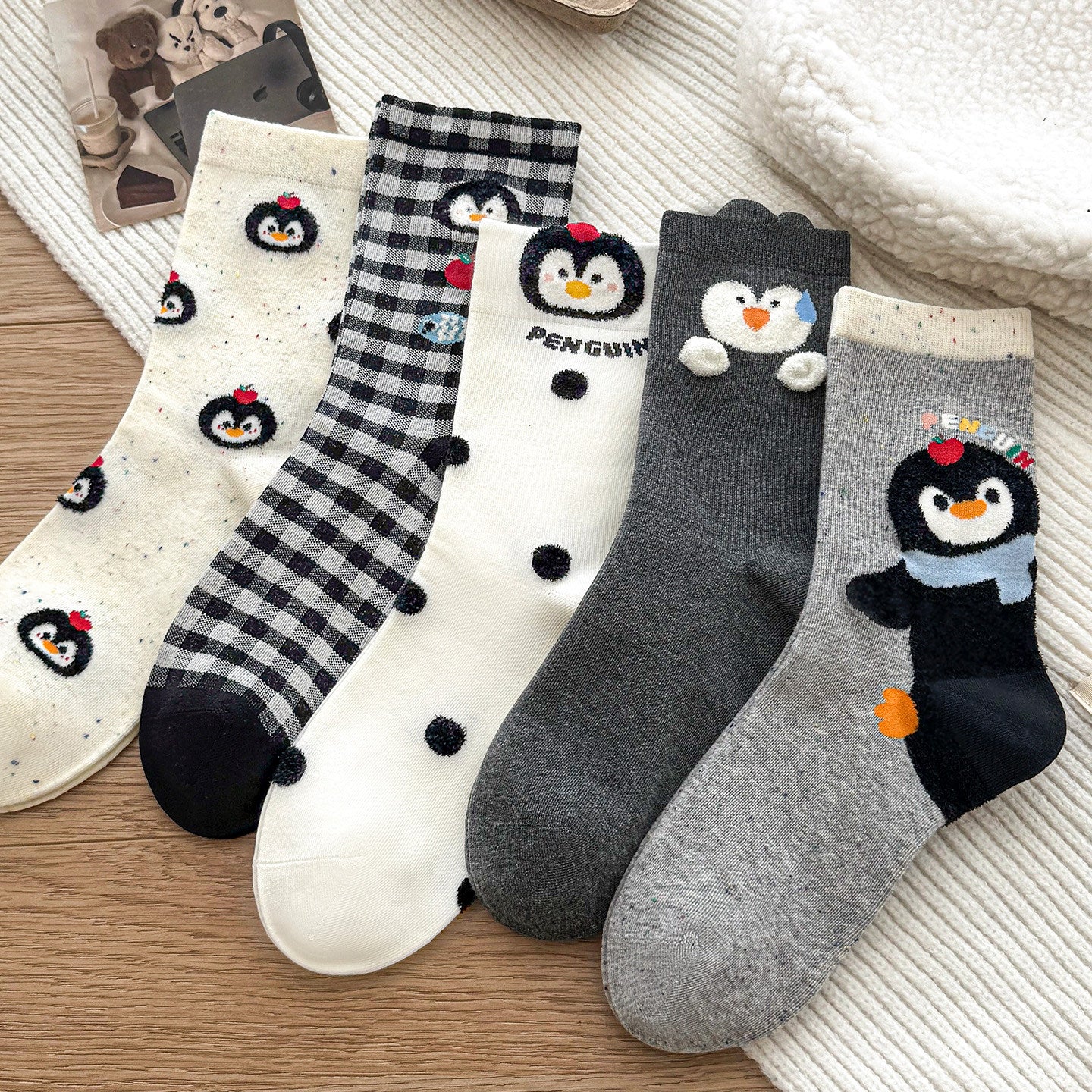 Kawaii Playful Penguin Cotton Crew Socks (Set of 5)