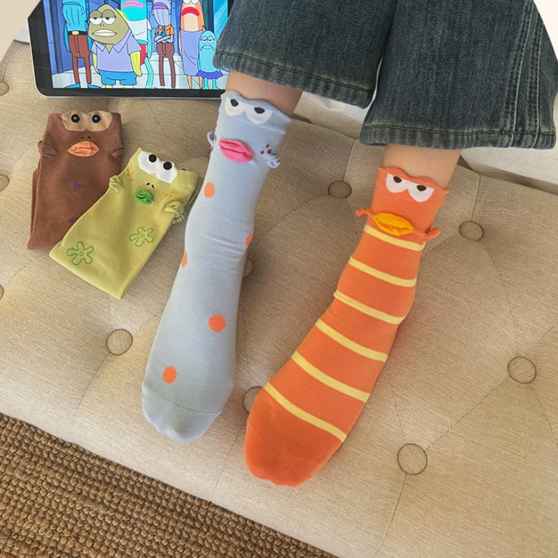 Quirky 3D Lips Funny Fish Cotton Crew Socks