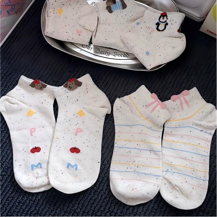 Speckled Pastel Short Crew Socks - Cute Cartoon & Friends Set