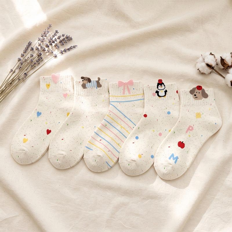 Speckled Pastel Short Crew Socks - Cute Cartoon & Friends Set