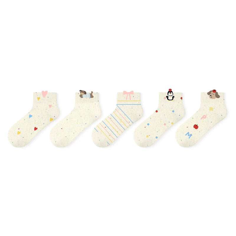 Speckled Pastel Short Crew Socks - Cute Cartoon & Friends Set