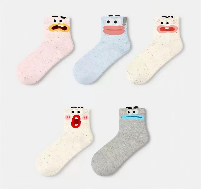 Ugly-Cute Funny Face Speckled Crew Socks - Goofy Expressions Set