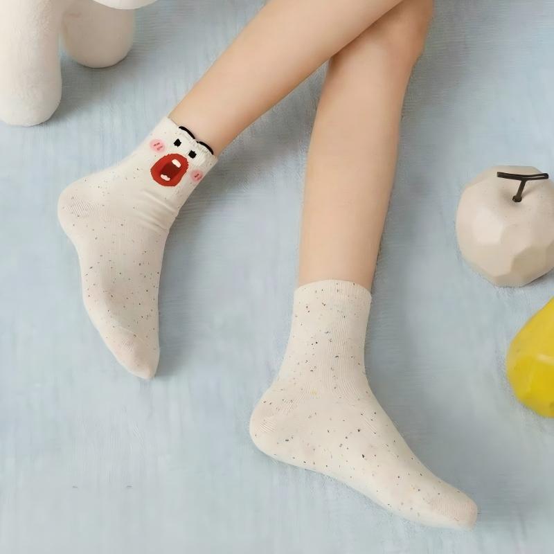 Ugly-Cute Funny Face Speckled Crew Socks - Goofy Expressions Set