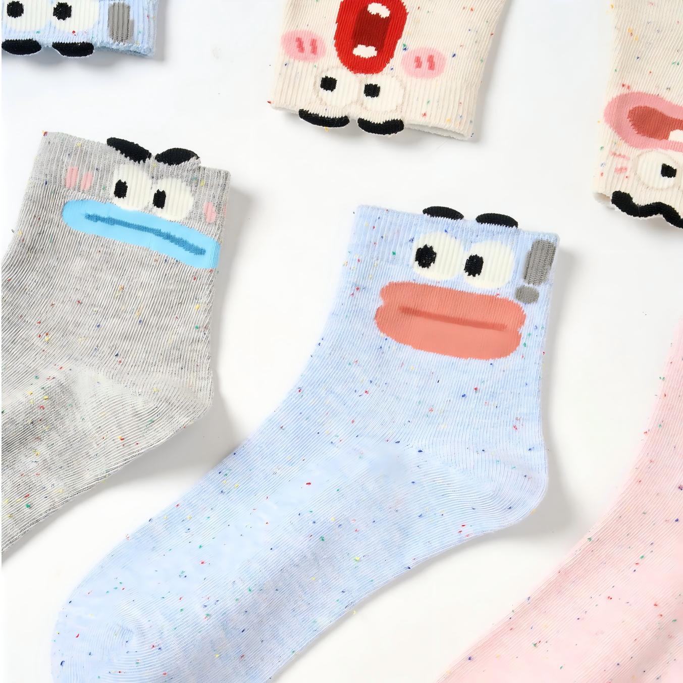Ugly-Cute Funny Face Speckled Crew Socks - Goofy Expressions Set