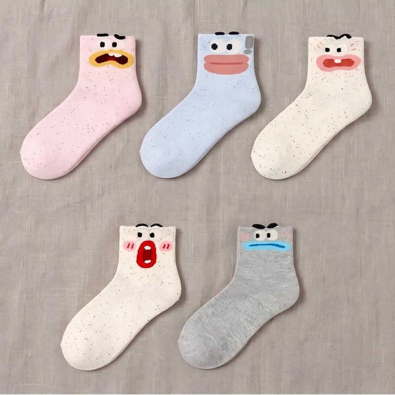 Ugly-Cute Funny Face Speckled Crew Socks - Goofy Expressions Set