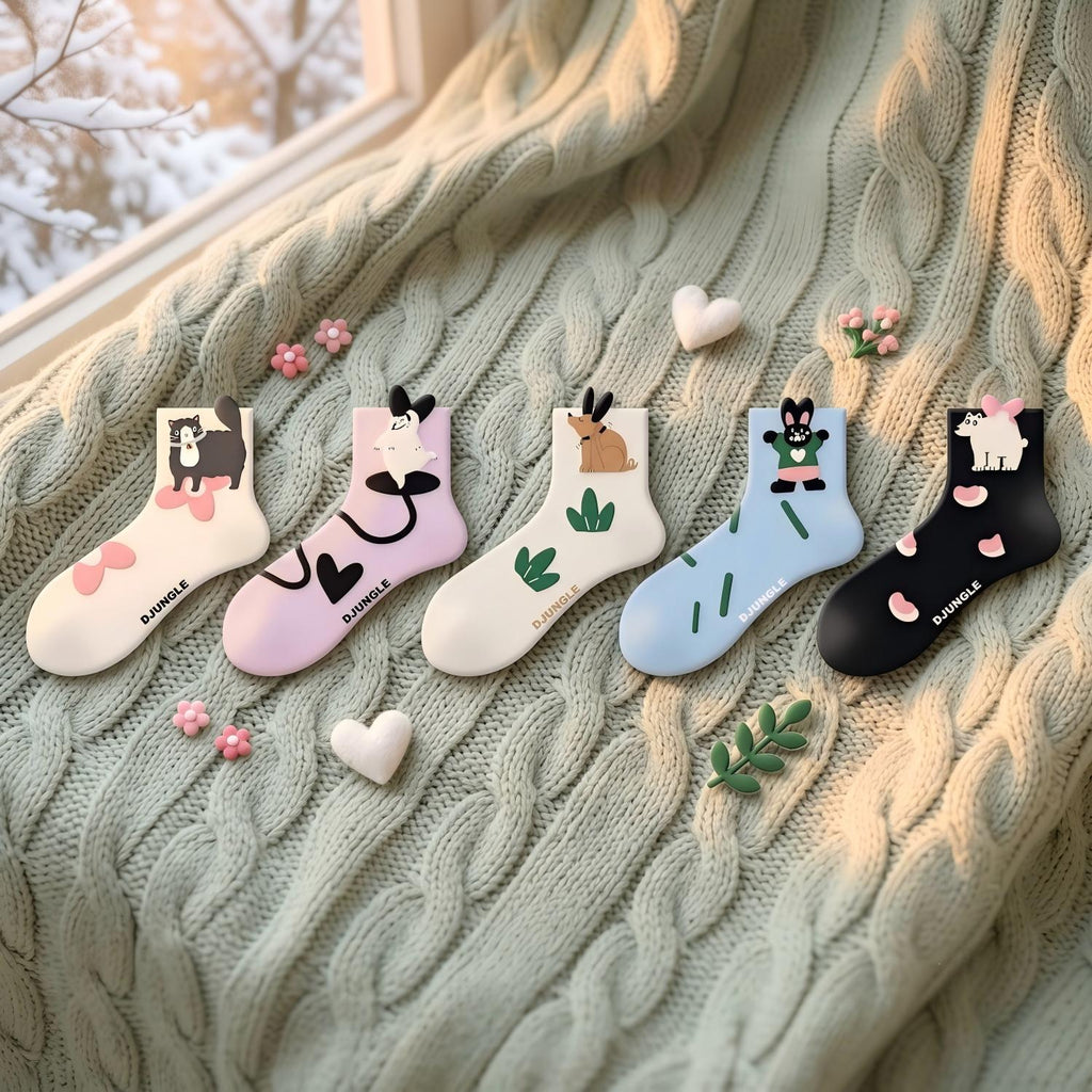 Kawaii 3D Popping Ears Animal Cotton Short Crew Socks (Set of 5)