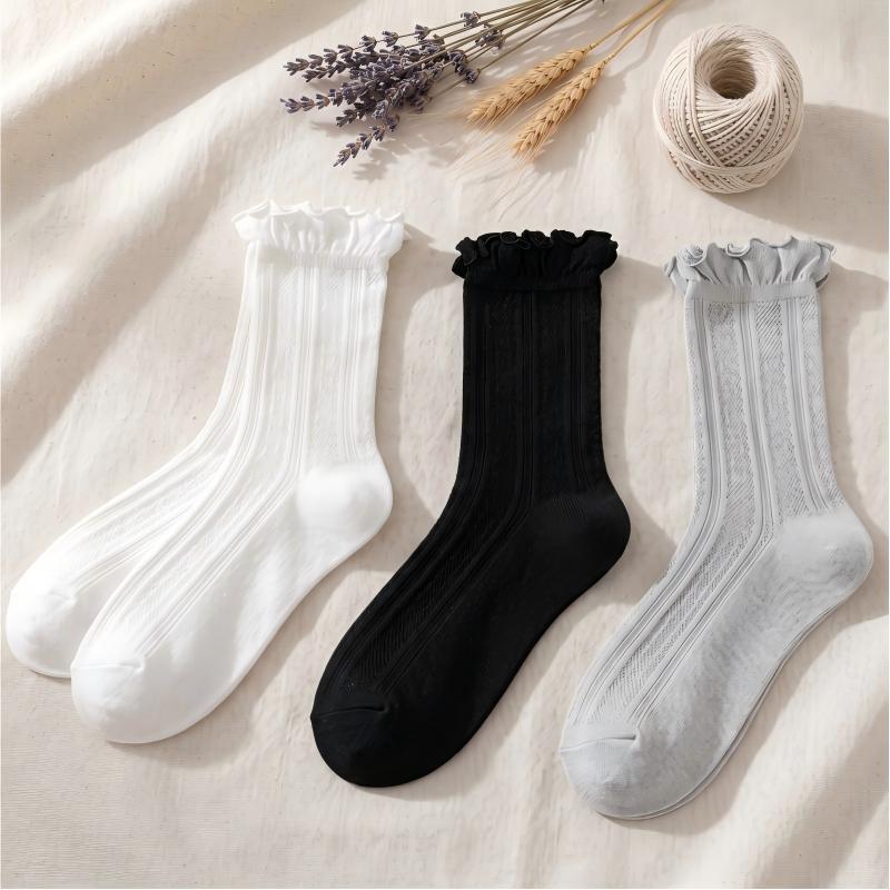 Retro Double Stripe Short Crew Socks - Minimalist Ribbed Cotton Blend
