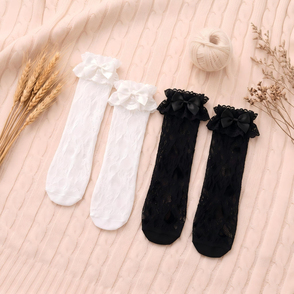 French Vintage Lace Ruffle Crew Socks - Romantic Hollow-Out Knit