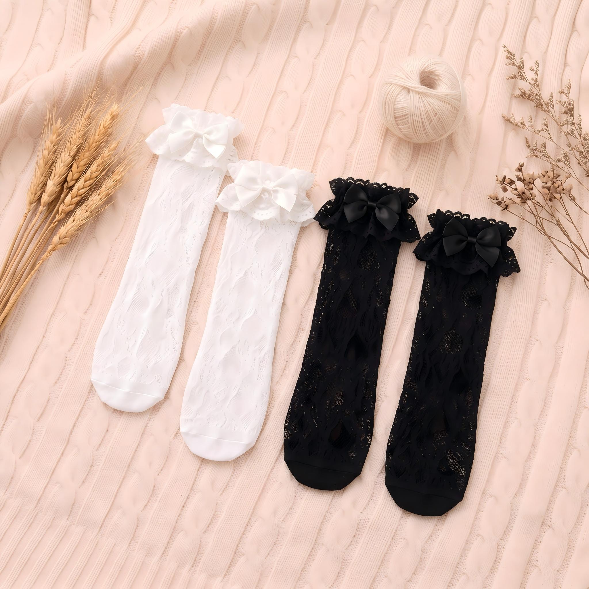 French Vintage Lace Ruffle Crew Socks - Romantic Hollow-Out Knit