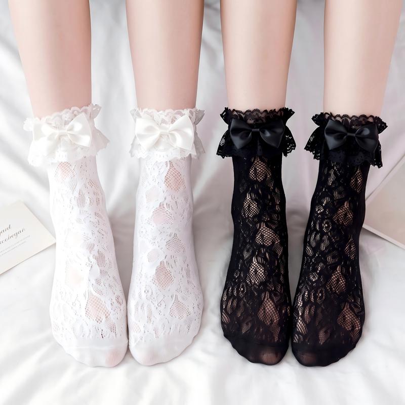 French Vintage Lace Ruffle Crew Socks - Romantic Hollow-Out Knit