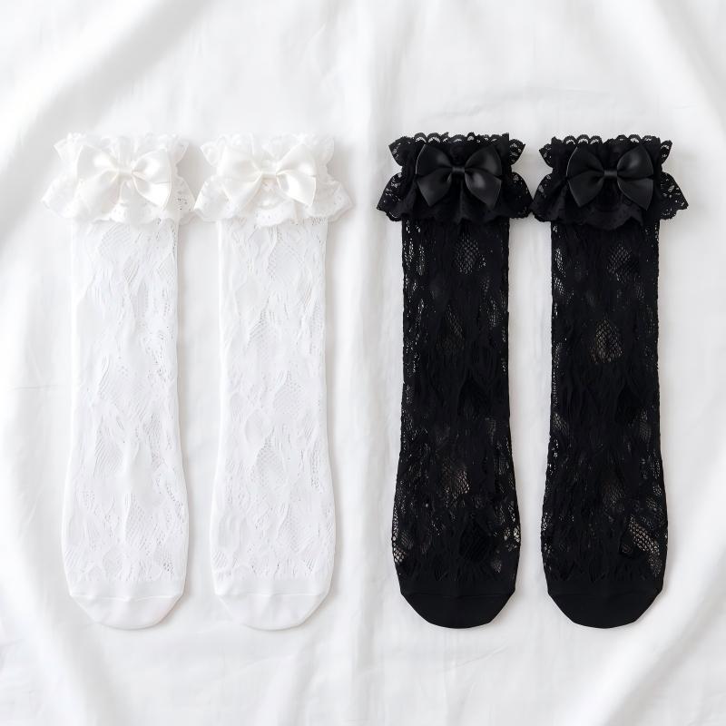 French Vintage Lace Ruffle Crew Socks - Romantic Hollow-Out Knit