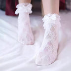 French Vintage Lace Ruffle Crew Socks - Romantic Hollow-Out Knit