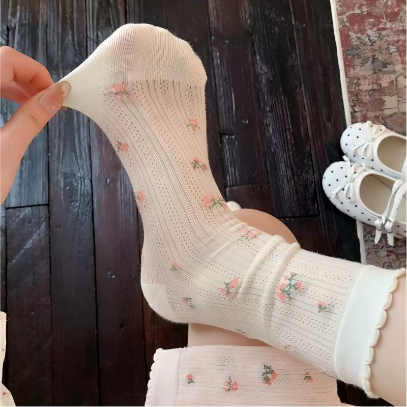 Dainty Floral Lace Ruffle Crew Socks - Ribbed Slouch Balletcore Knit