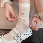 Dainty Floral Lace Ruffle Crew Socks - Ribbed Slouch Balletcore Knit