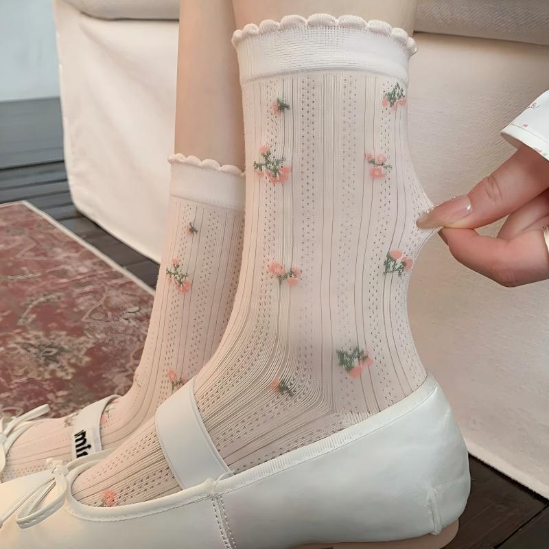 Dainty Floral Lace Ruffle Crew Socks - Ribbed Slouch Balletcore Knit