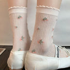 Dainty Floral Lace Ruffle Crew Socks - Ribbed Slouch Balletcore Knit