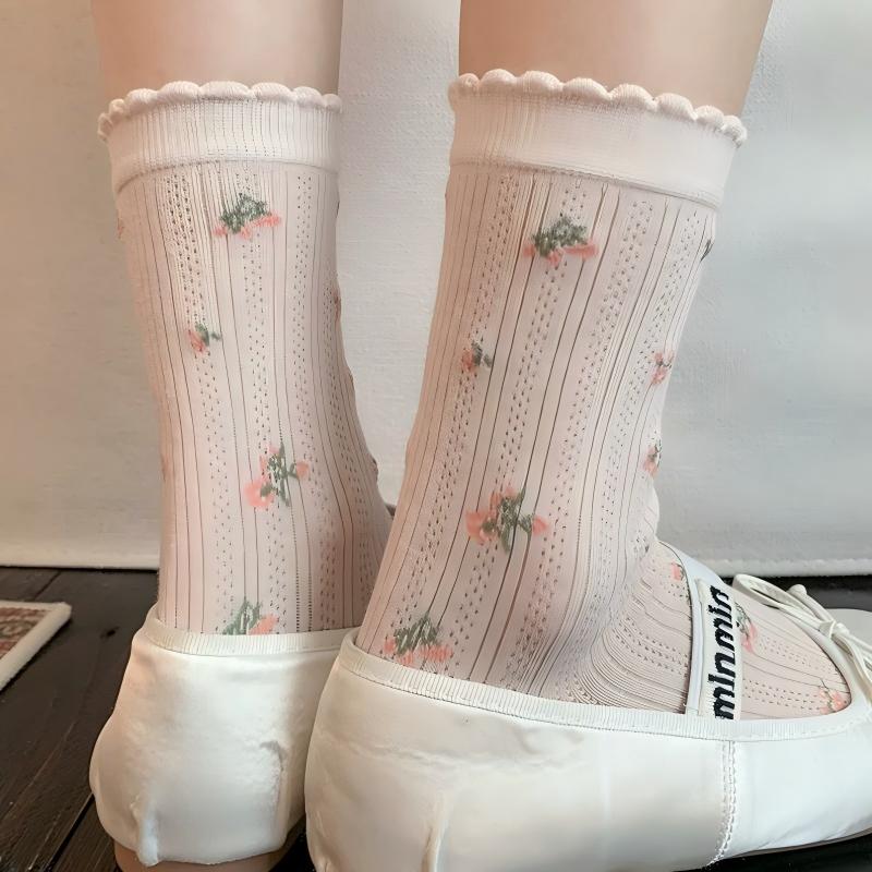 Dainty Floral Lace Ruffle Crew Socks - Ribbed Slouch Balletcore Knit