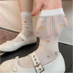 Dainty Floral Lace Ruffle Crew Socks - Ribbed Slouch Balletcore Knit