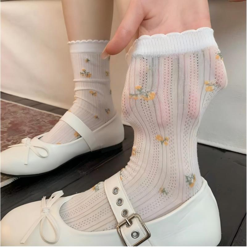 Dainty Floral Lace Ruffle Crew Socks - Ribbed Slouch Balletcore Knit