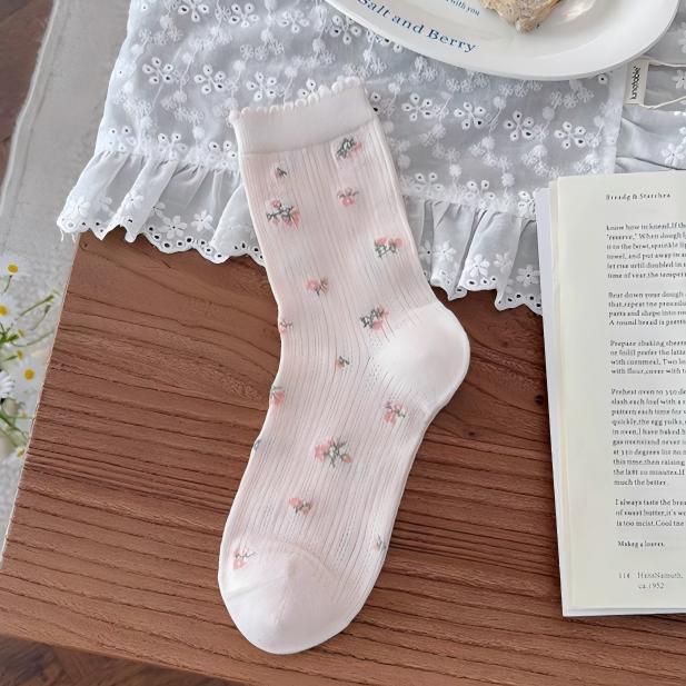 Dainty Floral Lace Ruffle Crew Socks - Ribbed Slouch Balletcore Knit