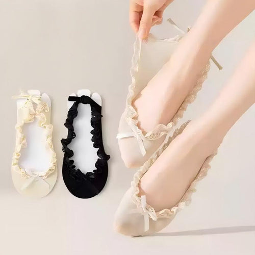 Balletcore Lace Ruffle Boat Socks - Ribbon Strappy No-Show Flat Liner