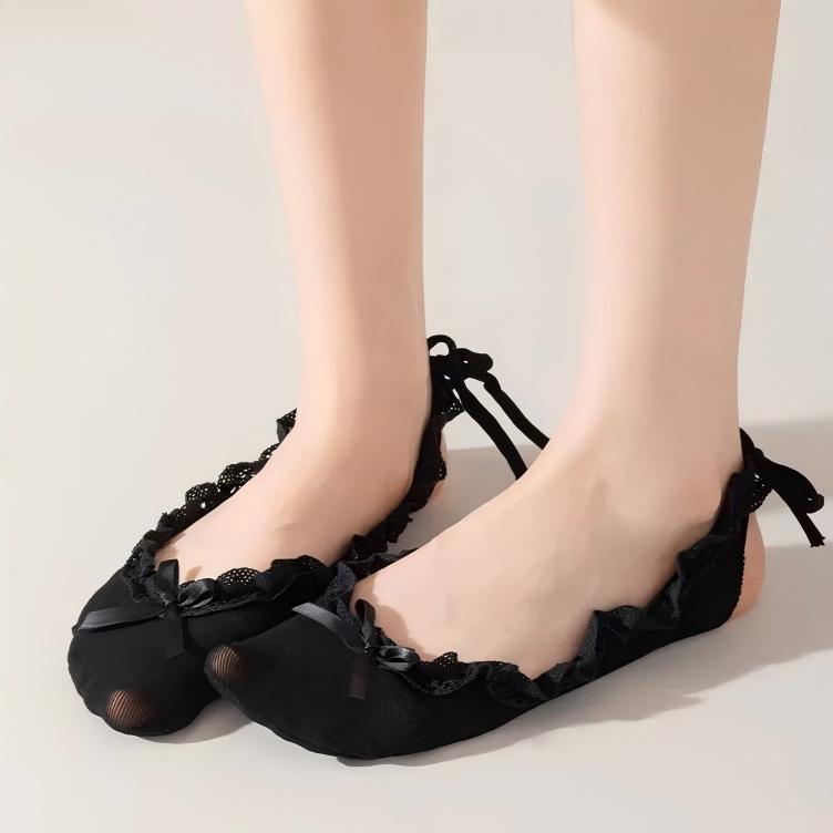 Balletcore Lace Ruffle Boat Socks - Ribbon Strappy No-Show Flat Liner