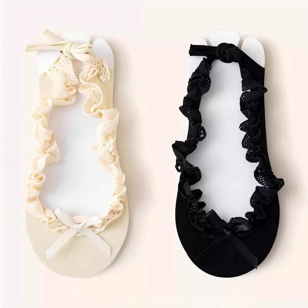 Balletcore Lace Ruffle Boat Socks - Ribbon Strappy No-Show Flat Liner