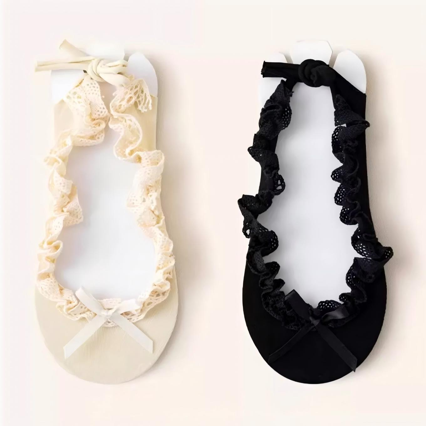 Balletcore Lace Ruffle Boat Socks - Ribbon Strappy No-Show Flat Liner