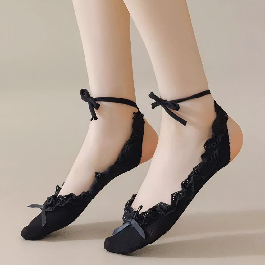 Balletcore Lace Ruffle Boat Socks - Ribbon Strappy No-Show Flat Liner