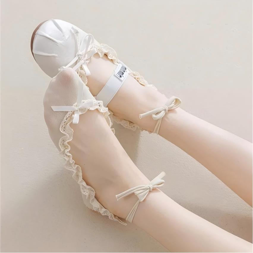 Balletcore Lace Ruffle Boat Socks - Ribbon Strappy No-Show Flat Liner