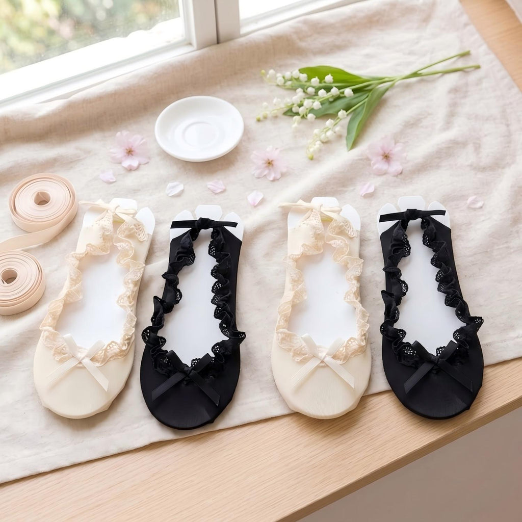 Balletcore Lace Ruffle Boat Socks - Ribbon Strappy No-Show Flat Liner