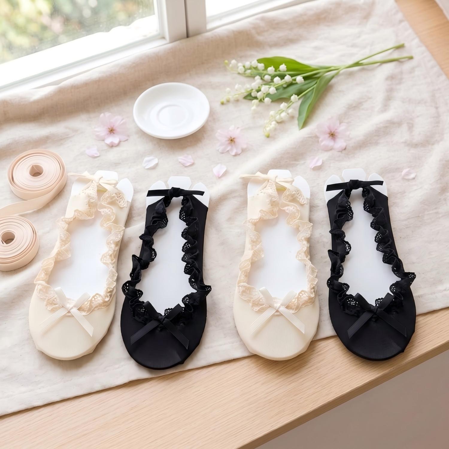 Balletcore Lace Ruffle Boat Socks - Ribbon Strappy No-Show Flat Liner