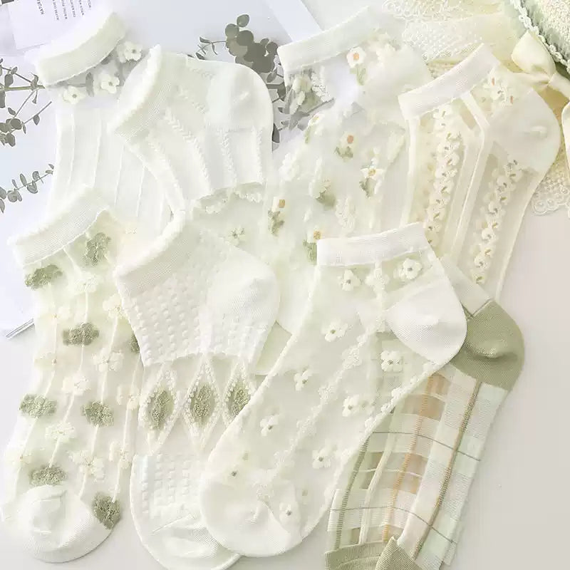 Japanese Sweet Crystal Silk Ankle Socks - 8-Pair 3D Floral Gift Set