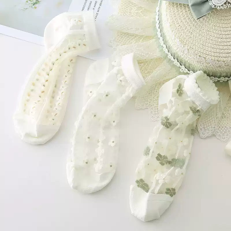 Japanese Sweet Crystal Silk Ankle Socks - 8-Pair 3D Floral Gift Set