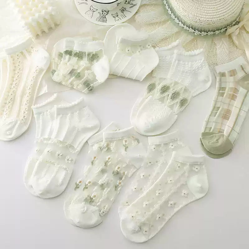 Japanese Sweet Crystal Silk Ankle Socks - 8-Pair 3D Floral Gift Set