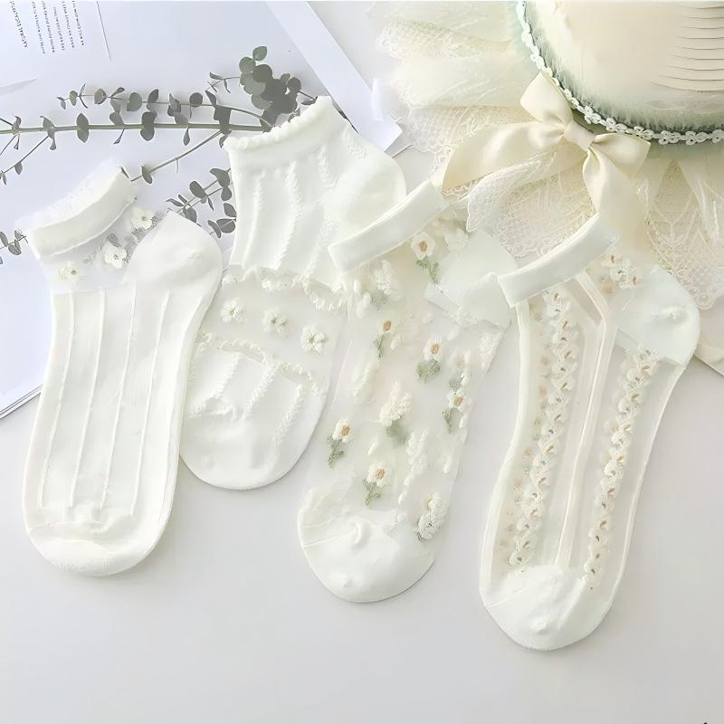 Japanese Sweet Crystal Silk Ankle Socks - 8-Pair 3D Floral Gift Set